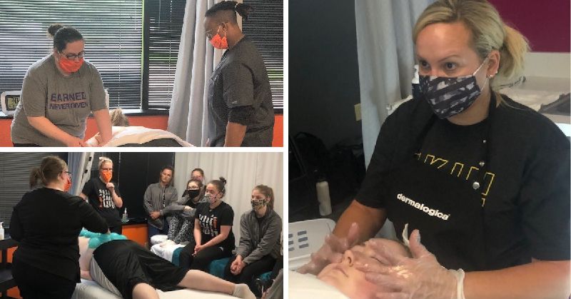 This is a collage of images. Top left image is two masked students performing a massage. Bottom left image is a masked instructor teaching cupping to a small group of six masked students. Right image is an esthetics student performing a facial on a client.